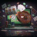 Online casino concept. Laptop with roulette, slot machine, casino chips and playing cards isolated on black background. 3d illustration
