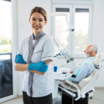 A dentist smiling in her dental clinic.