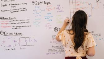 “A young woman business leader draws out her vision on a whiteboard.”