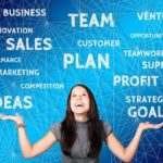 A woman stretching her hands and looking at all the business goals.