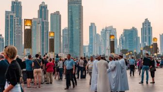 The beautiful Dubai city with people and sky scrapers.