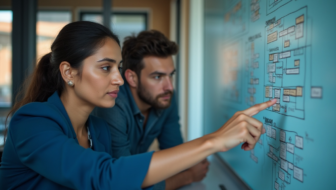 A pair of developers looking at an MVP product workflow