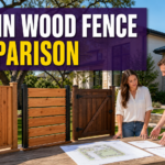 Three full-size wood fence samples sit beside a homeowner and consultant reviewing plans in a sunny Austin backyard, illustrating the design, warranty and project-scope choices in this contractor comparison.