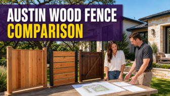 Three full-size wood fence samples sit beside a homeowner and consultant reviewing plans in a sunny Austin backyard, illustrating the design, warranty and project-scope choices in this contractor comparison.